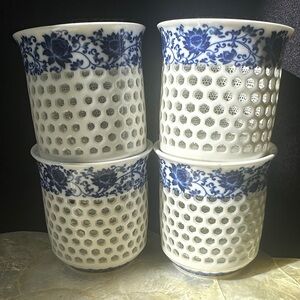 Blue and White Floral Chinese Hive or Crystal Hollow 4 porcelain vintage cups